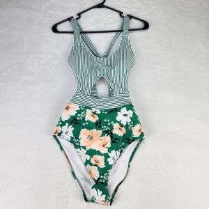 Beachsissi Women's Swimsuit Green White Black Stripped Floral Print NWT Size S